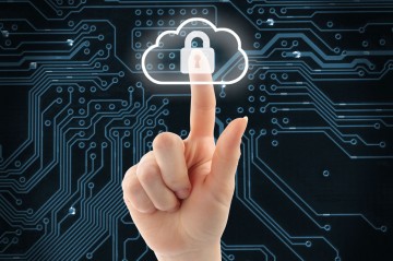 Hand pushing virtual cloud security button